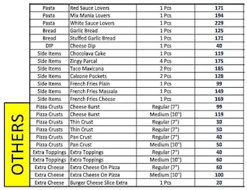 The Pizza Lovers menu 