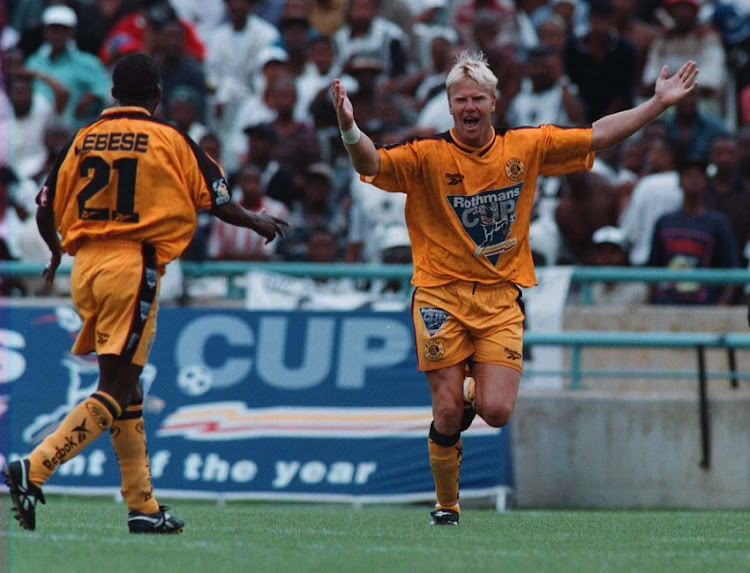 Marc Batchelor celebrating a goal against Orlando Pirates at FNB Stadium during Rothmans Cup final.