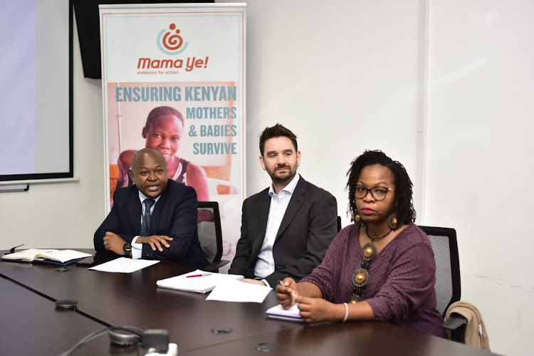 Kenya country representative at Options Kenneth Macharia, managing director James Harcourt and Global practice specialist health systems strengthening and resiliency Dr Elizabeth Wala during a press conference of 30 years of impact of OPTIONS on November 22.