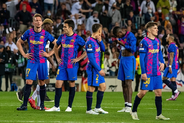 Barcelona players after the Uefa Europa League quarter final second Leg match against Eintracht Frankfurt at the Camp Nou stadium in Barcelona.