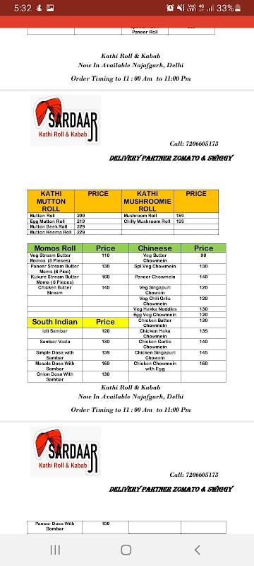 Sardarji Kathi Rolls menu 