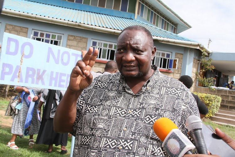 Former Nairobi City County Speaker Alex ole Magelo speaks to the journalits after attending a funeral service for Charity Yiapan at St. Peters’ Catholic Church in Narok town on Thursday.