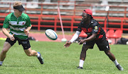 Sanele Nohamba and Morne Van den Berg of the Lions during the Emirates Lions training session at Johannesburg Stadium on October 20, 2022 in Johannesburg.