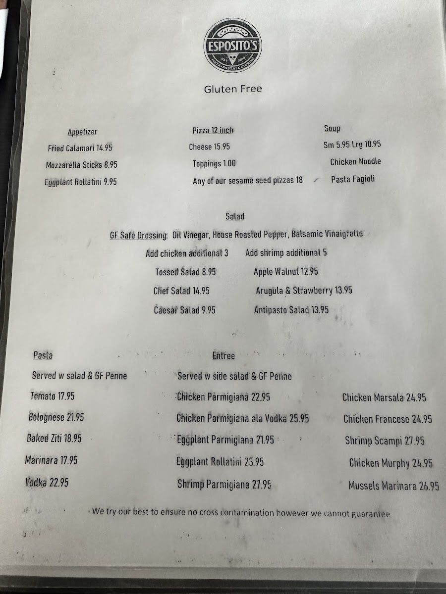 Esposito's gluten-free menu