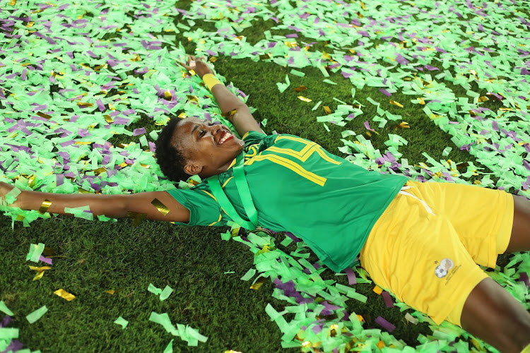 Nomvula Kgoale makes a snow angel from the confetti.