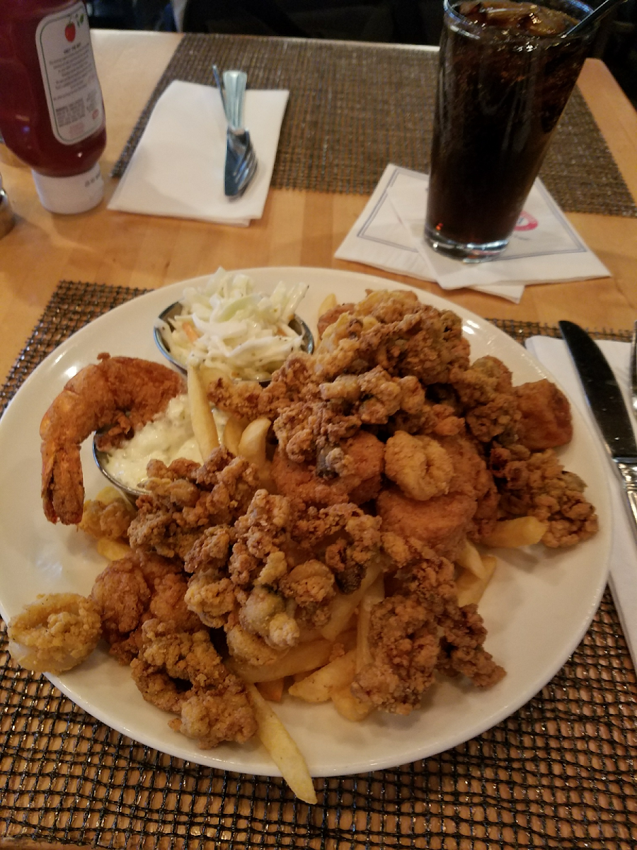 GF Fisherman's Platter: shrimp, scallops, calamari, clams and scrod with french fries and cole slaw.