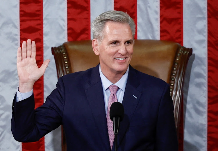 New US Speaker of the House Kevin McCarthy is sworn into office after being elected the next Speaker of the US House of Representatives in a late night 15th round of voting on the fourth day of the 118th Congress at the US Capitol in Washington, US, January 7, 2023.