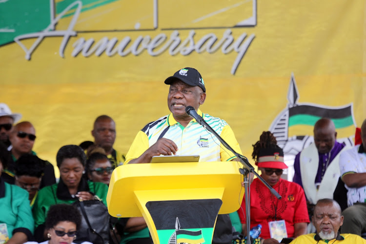 President Cyril Ramaphosa delivering the key note address of the ANC birthday at Dr Molemela Stadium, in the Free State.