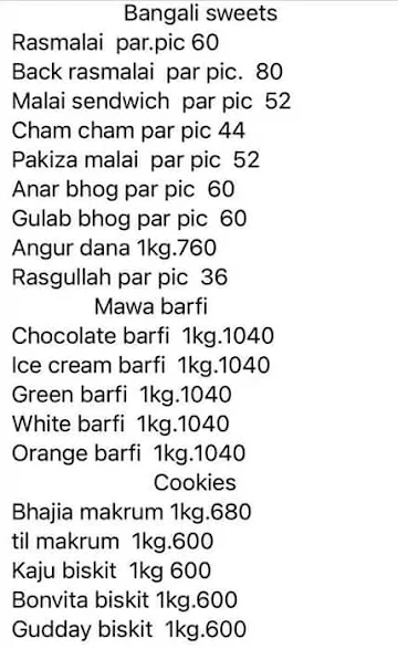 Central Sweets menu 