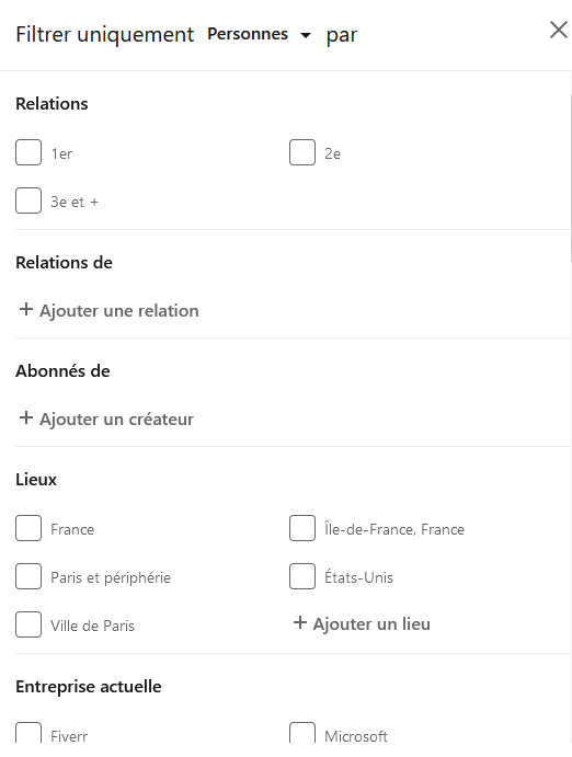 filtrer les résultats recherche LinkedIn