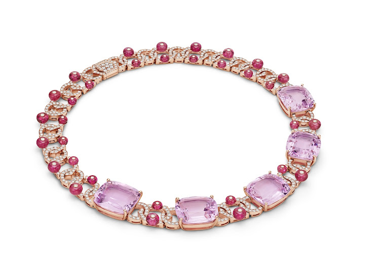 Bulgari Necklace in 18kt rose gold and rubies with nearly 30ct of diamonds.