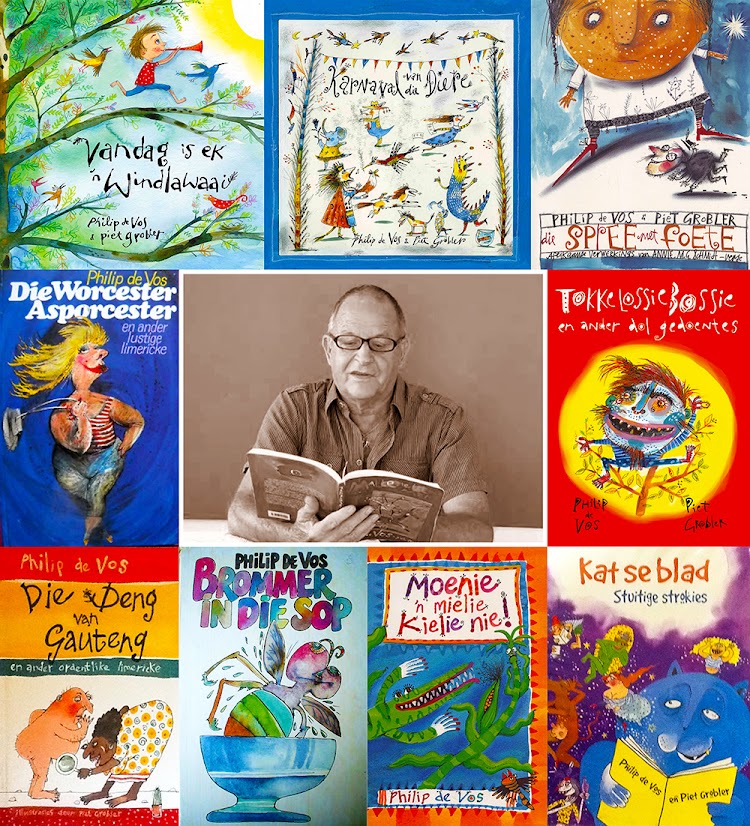 Philip de Vos and a few covers of the many books he has written. He was just awarded the 2023 SALA prize for Children's Literature for 'Tokkelossiebossie en ander dol gedoentes'.