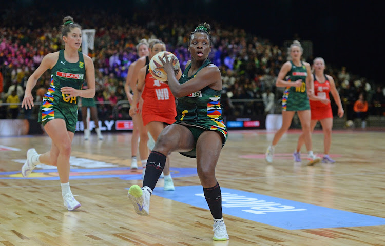 South African centre Khanyisa Chawane in action during the 2023 Netball World Cup match against Wales at CTICC in Cape Town.