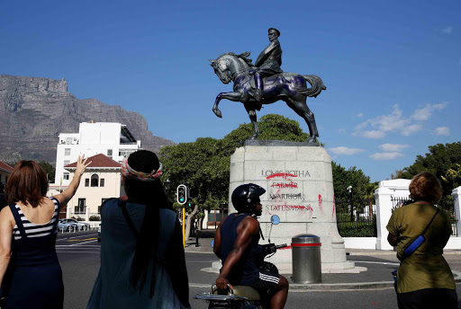 RED LETTER DAY: The statue of Louis Botha outside parliament has been vandalised Picture: ESA ALEXANDER