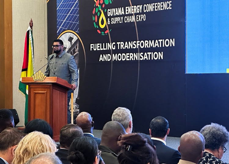 Guyana's President Mohamed Irfaan Ali speaks at Guyana's Energy Conference and Exhibition in Georgetown, Guyana. February 19, 2024.