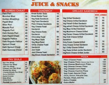 Fresh Juice & Snacks menu 