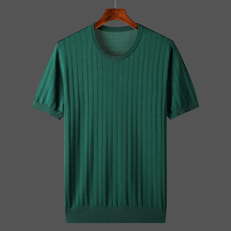 Dunne plus size heren T-shirt van ice silk gebreid met gaten, korte mouwen, ademend en lichtgewicht, ideaal voor warme dagen.