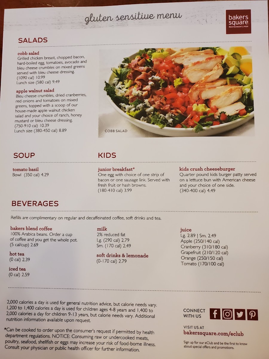 Bakers Square gluten-free menu