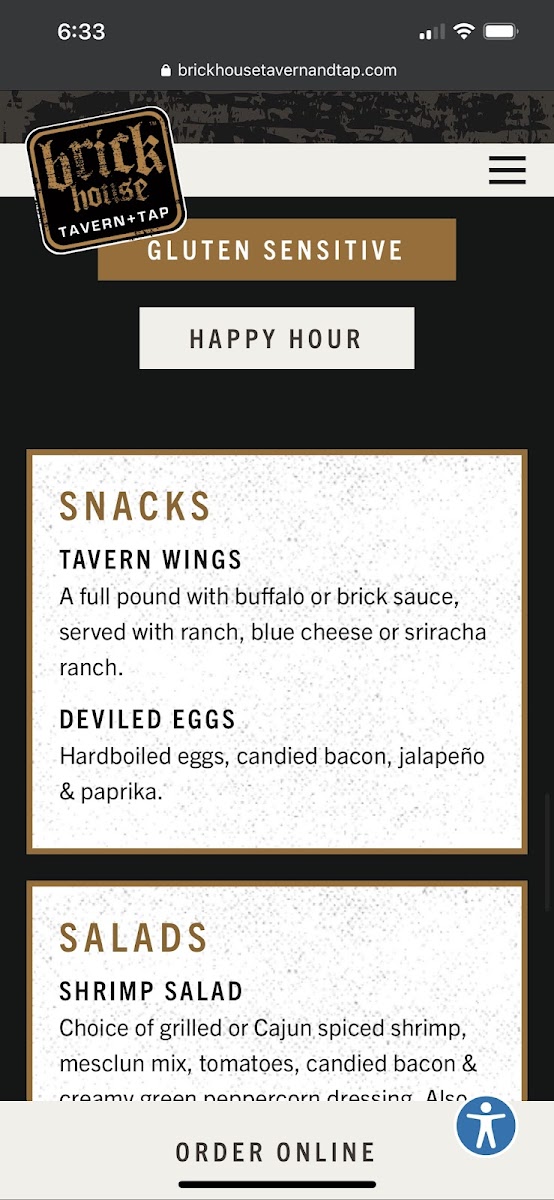 Brick House Tavern + Tap gluten-free menu