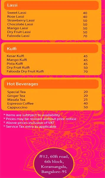 The Mithaas menu 