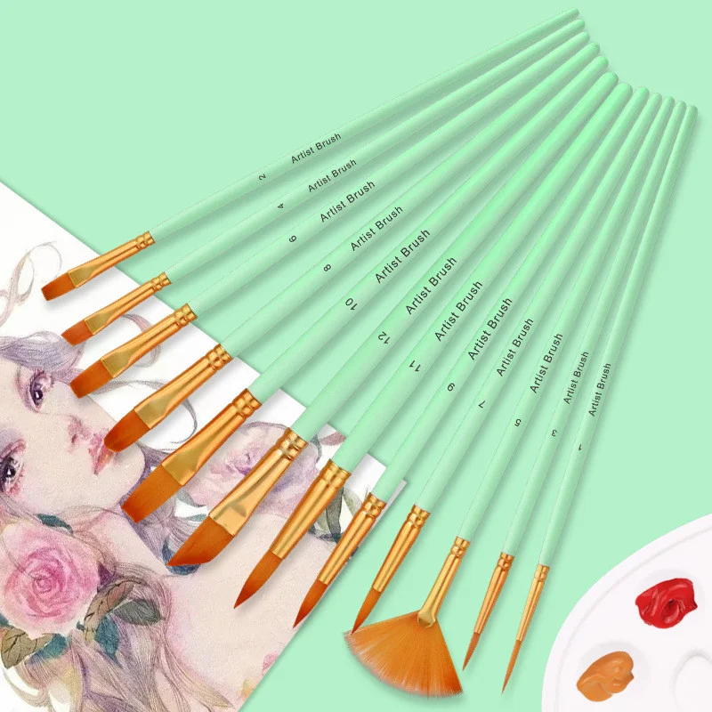 Juego Combinado de 12 Pinceles de Nailon con Color Gradiente Perfecto para Pintura Artística y Acuarela, Ideal para Detalles y Mezclas.