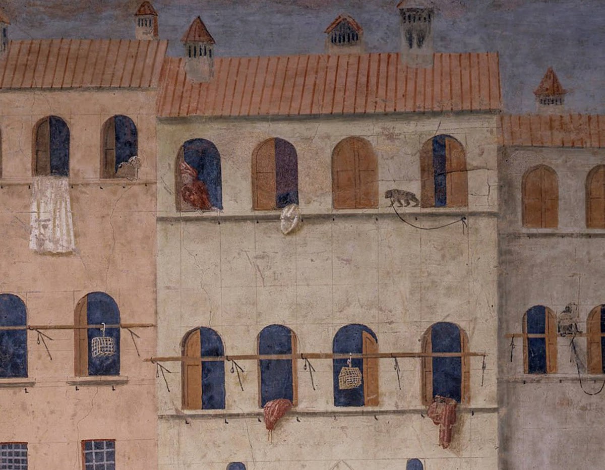 Masolino, Guarigione dello storpio e resurrezione di Tabita (particolare, la precisione prospettica dello sfondo architettonico), affresco nella Cappella Brancacci, Santa Maria del Carmine, Firenze