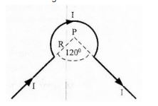 Suatu penghantar dialiri arus listrik I = 9 A. Jika jari-jari kelengkungan R = 2π cm dan µ0 = 4π . 10-7 Wb/A.m maka besar induksi magnetik dititik P adalah...