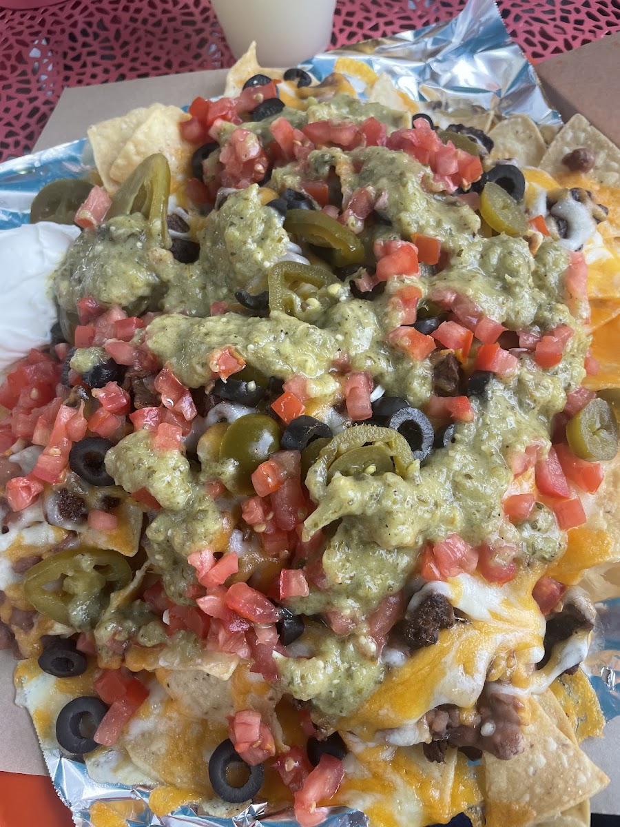 Pizza Box Nachos--made to order and chips are prepared in a dedicated fryer! ❤️