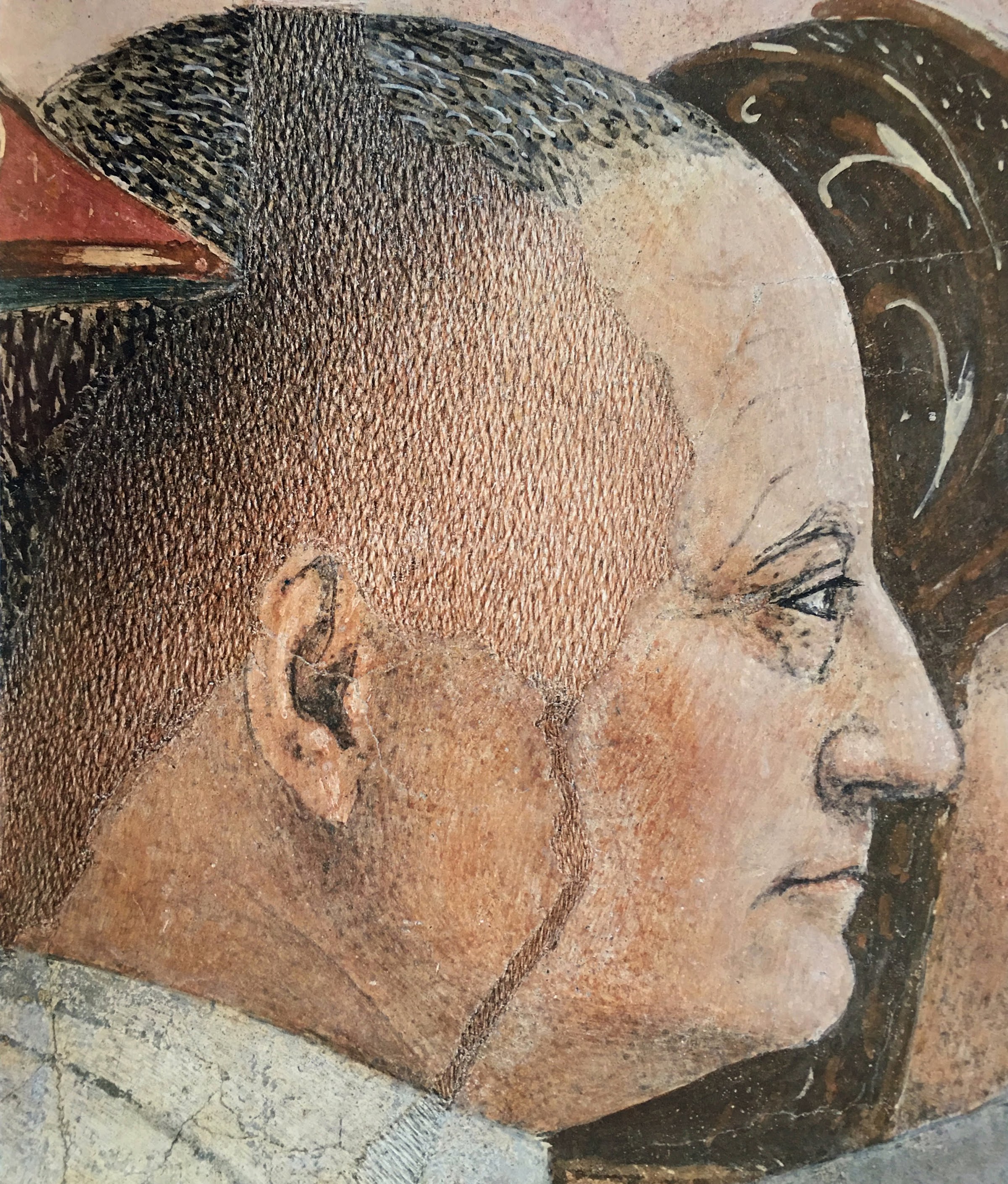 Piero della Francesca, Battaglia di Eraclio e Cosroè (particolare, ritratti di famiglia dei Bacci, forse Giovanni Bacci), le Storie della Vera Croce, Basilica di San Francesco, Arezzo