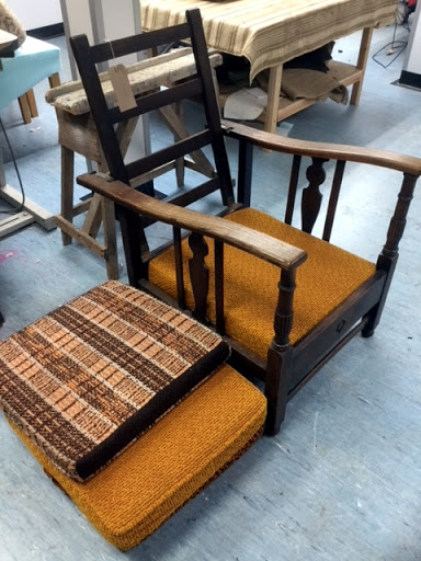 1930s recliner chair that Terry has re-upholstered in a Aran stripe chenille from @romo_fabrics
