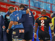 Duane Vermeulen (right) of the Vodacom Blue Bulls being helped off the field after picking up an injury during the PRO14 Rainbow Cup SA match against the Stormers at Loftus Versfeld on Friday, June 4, 2021.