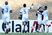 Yusuf Maart of Sekhukhune United celebrates his goal with teammates during the GladAfrica Championship 2020/21 match against JDR Stars at Giant Stadium, Pretoria.