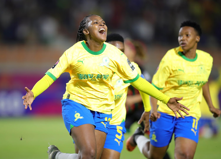 Boitumelo Rabale celebrates scoring for Mamelodi Sundowns Ladies in their Caf Women's Champions League semifinal win against AS FAR of Morocco at Stade Amadou Gon Coulibaly in Korhogo, Ivory Coast on Wednesday night.