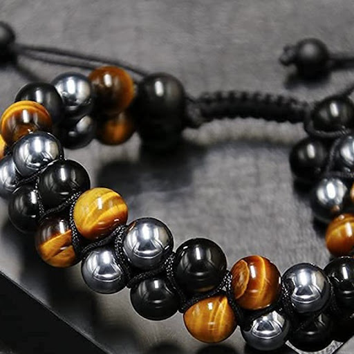 Title 5, 8mm Tiger Eye Obsidian Hematite Natural Bracele...