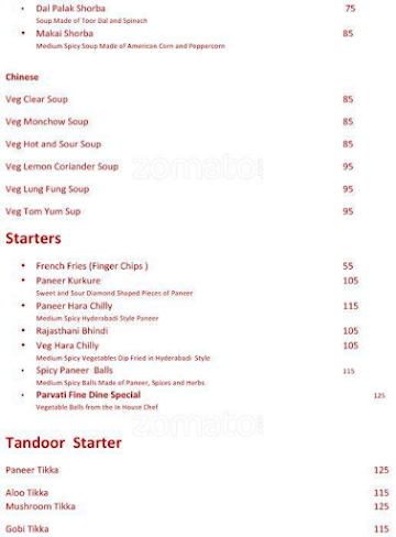 Parvati Fine Dine menu 