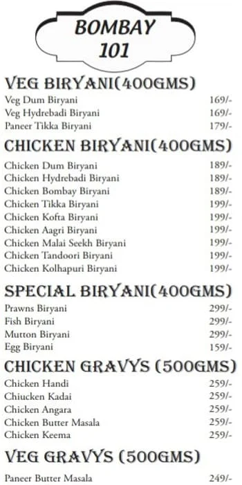 Bombay 101 menu 