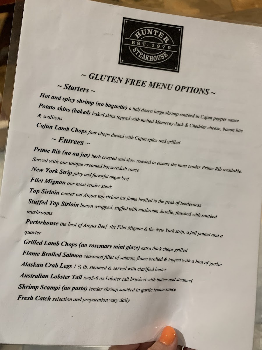 Hunter Steakhouse gluten-free menu