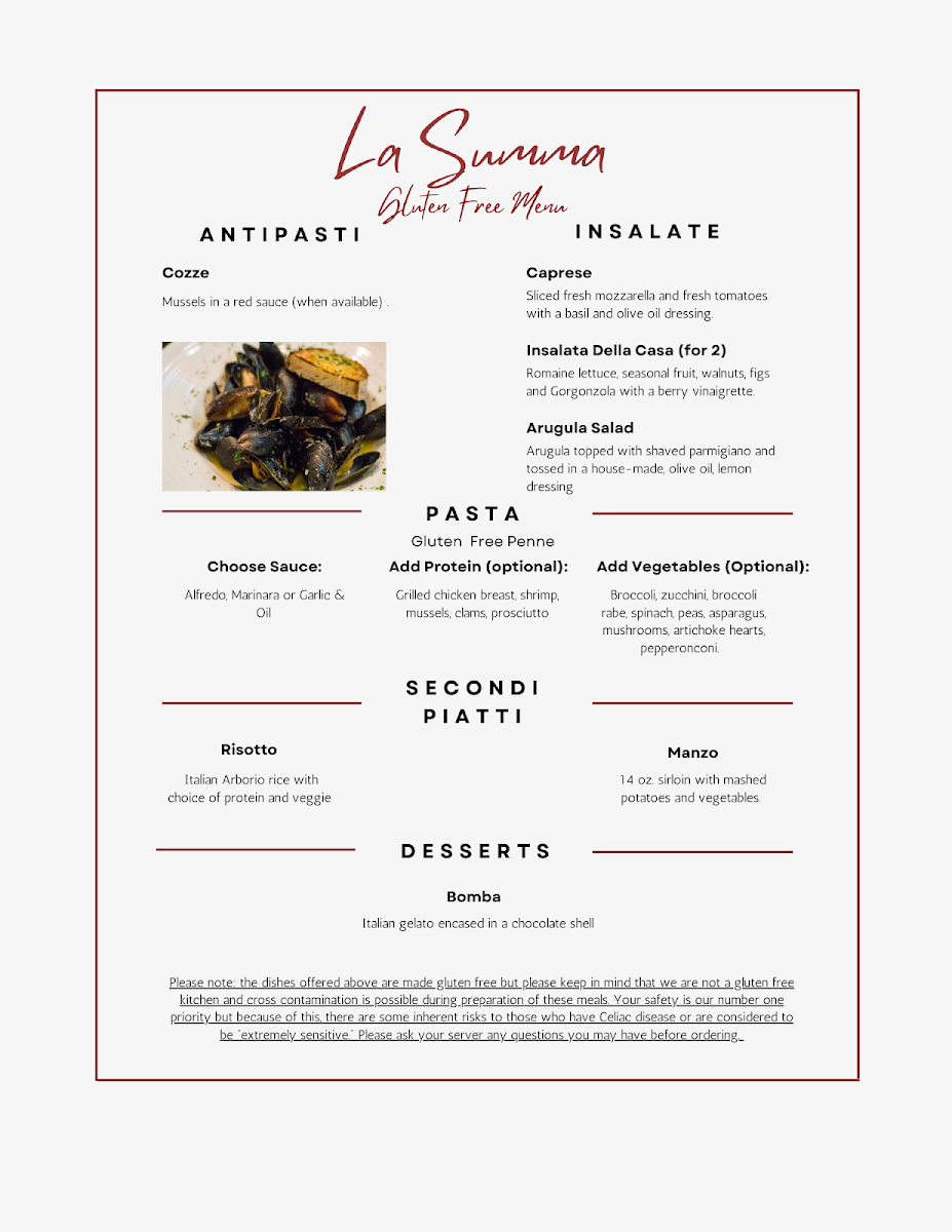 La Summa's Gluten Free Menu