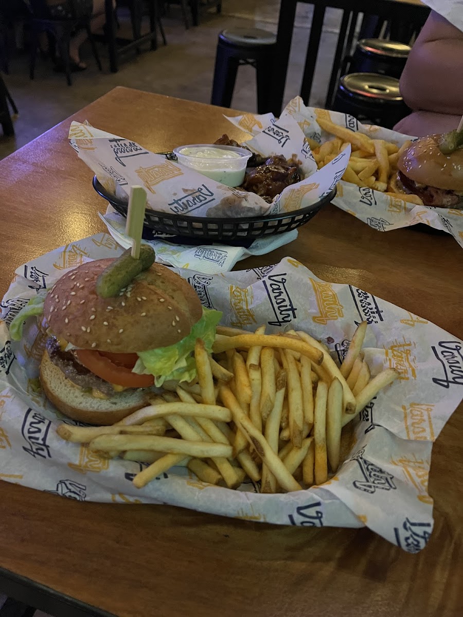 Gluten free burger and chips. All prepapred in a seperate gluten free dedicated fryer.