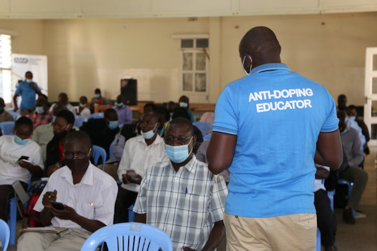 An ADAK official educates school games teachers in Kakamega County on the new anti-doping rules over the weekend.