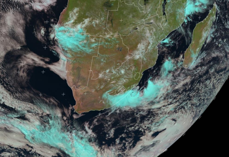 A composite image taken at 11am on Tuesday showing the cyclonic swirl of deep convective cloud associated with heavy rain, just off the southern coastline of KwaZulu-Natal.