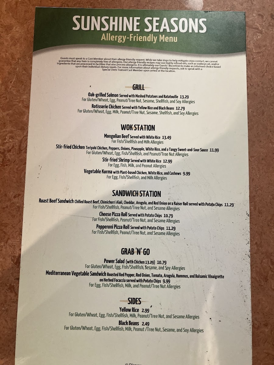 Sunshine Seasons gluten-free menu