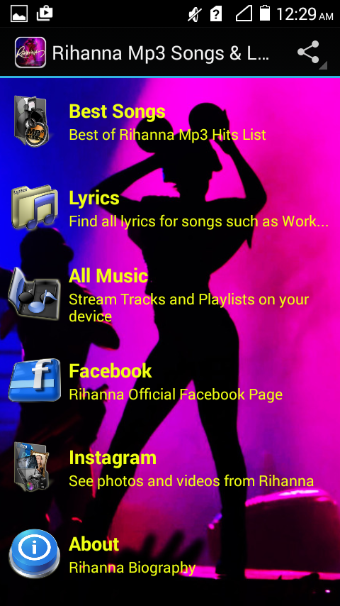 Android application Rihanna Mp3 Songs &amp; Lyrics screenshort
