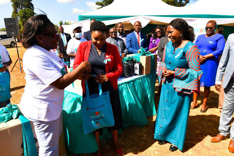 Health CS Susan Nakhumicha Wafula and Embu Governor Cecily Mbarire during the official launch of the cervical cancer awareness month in Embu county on January 27, 2023