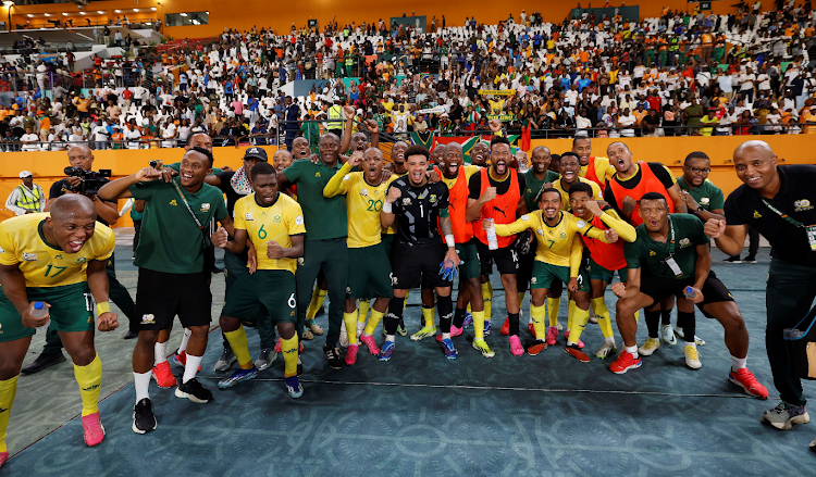 Bafana Bafana players celebrate after winning the Africa Cup of Nations third place playoff against Democratic Republic of the Congo at the Stade Felix Houphouet Boigny in Abidjan, Ivory Coast.