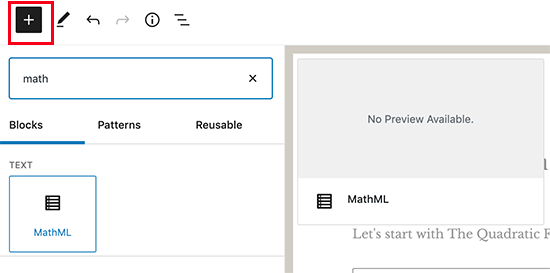 Adicionando bloco MathML