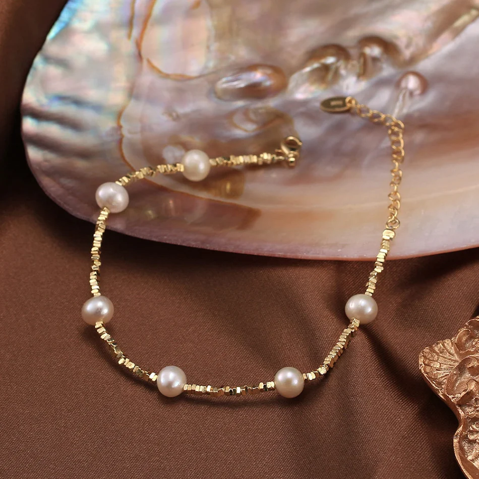 Vergulde 925 Sterling Zilveren Armband met Natuurlijke Zoetwaterparel, Ins Style. Gebroken zilver design voor een elegante uitstraling.
