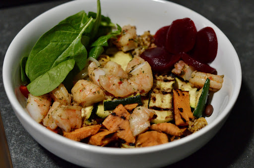 Grilled veggies and shrimp bowl.