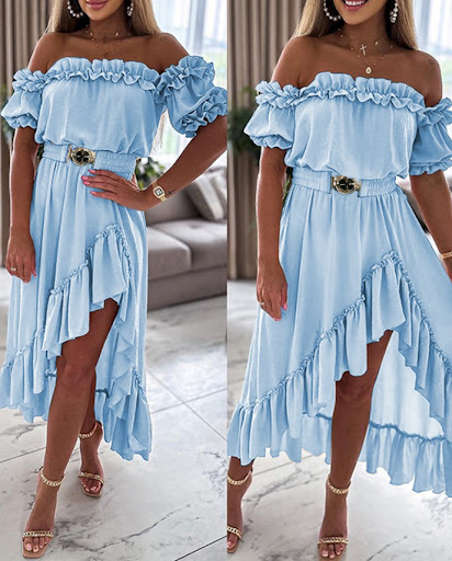 Title 3, Off-neck Irregular Hem Belt Dress