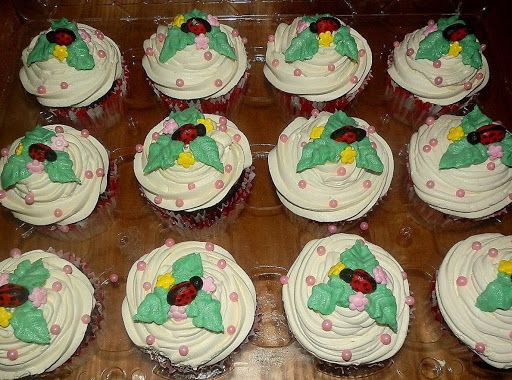 Ladybug cupcakes made for a baby girl's baby shower. All low sugar except the lady bugs.